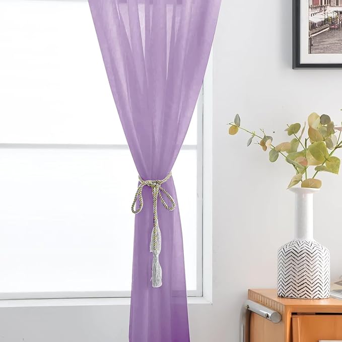 SpaceDresser Sheer Voile Window Treatment Rod Pocket Curtain Panels for Kitchen Bedroom Living Room Drapes Sunlight Filtering Privacy Semi Home Decor Assorted (Lavender, 52 W x 54 L)