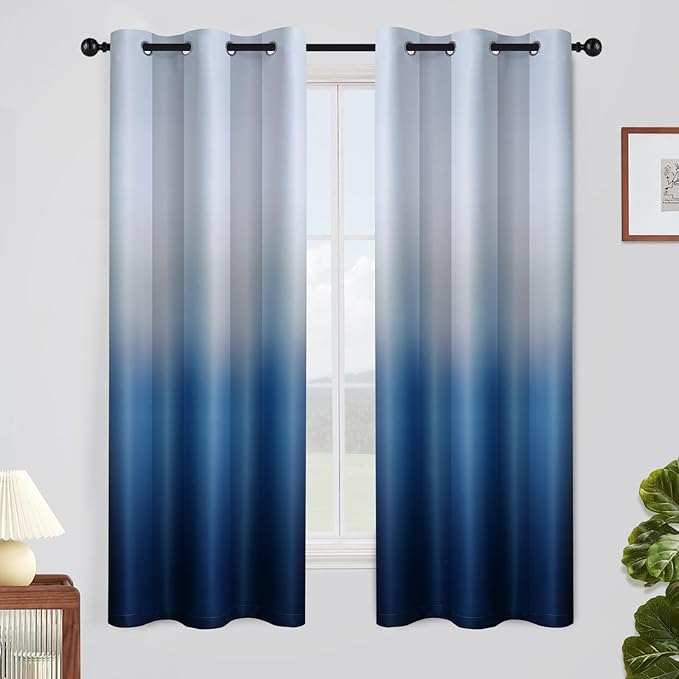SimpleHome Ombre Curtains 42 x 63 Inch for Bedroom 2 Panels, Gradient Grey White to Blue Light Blocking Thermal Insulated Grommet Room Darkening Window Curtain/Drapes for Living Room