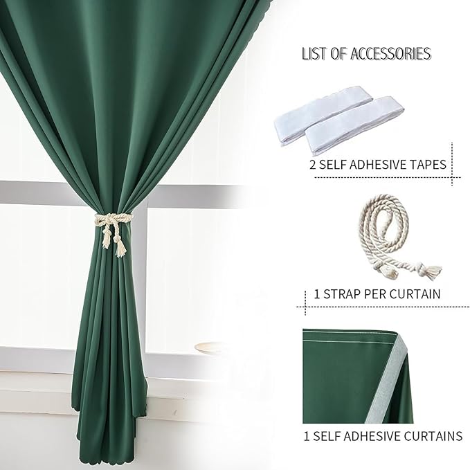 Blackout Curtains for Bedroom Sticky Curtain Blackout Window Cover Self Adhesive Curtains Rod No Drillng, 47" W X 96" L, Dark Green, 1 Panel