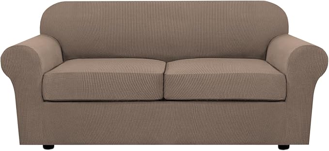 H.VERSAILTEX 3 Piece Stretch Sofa Covers for 2 Cushion Sofa Couch Covers for Living Room Sofa (Base Cover Plus 2 Seat Cushion Covers) Thicker Jacquard Fabric (Large Sofa, Macchiato)