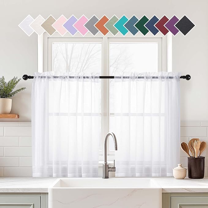 White Small Sheer Curtains 2 Panels Set, Kitchen Curtains 24 Inch Length, Elegant Light Filtering Short Window Drapes for Living Room Bedroom, Dual Rod Pocket Design, 2x42Wx24L Inches