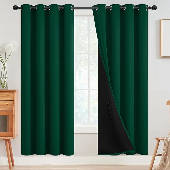 SimpleHome 100% Blackout Curtains for Bedroom,Thermal Insulated Dark Green Grommet Window Drapes Room Darkening Curtains for Living Room with Black Back,52 x 72 Inch,2 Panels