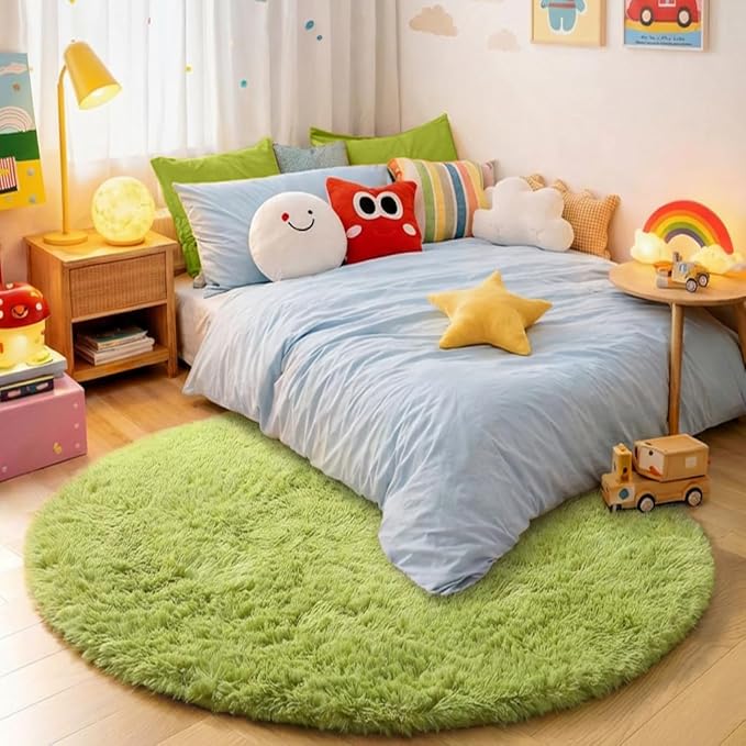 Grass Green Round Rug 4Ft for Bedroom, Fluffy Shag Circle Area Rugs for Kids Room Classroom Nursery, Cool Living Room Decor Aesthetic, Cute Fuzzy Moss Floor Carpet for Preppy Dorm Apartment, Circular