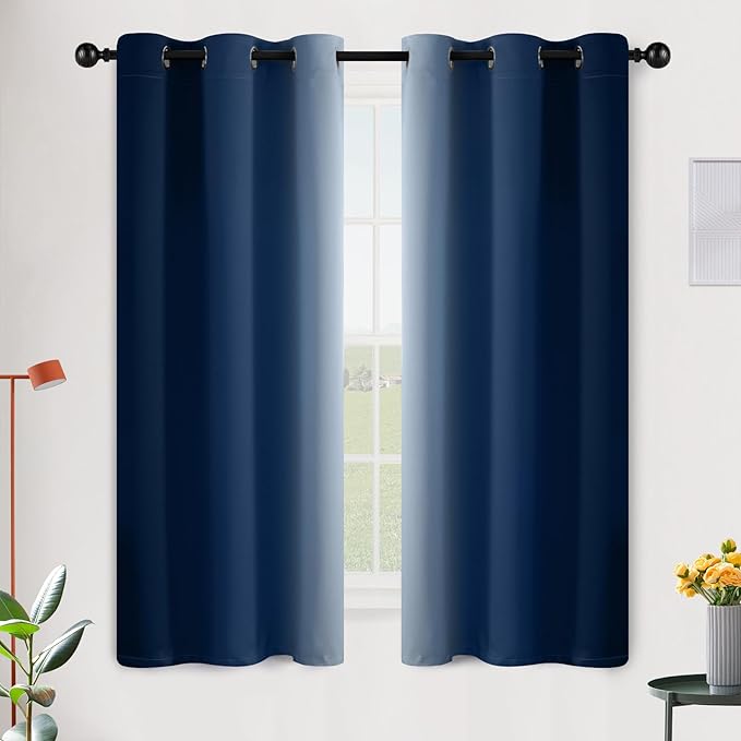 SimpleHome Ombre Room Darkening Curtains for Bedroom, Gradient Blue to Grey White Light Blocking Thermal Insulated Grommet Window Curtain/Drapes for Living Room,2 Panels, 42x63 inches Length
