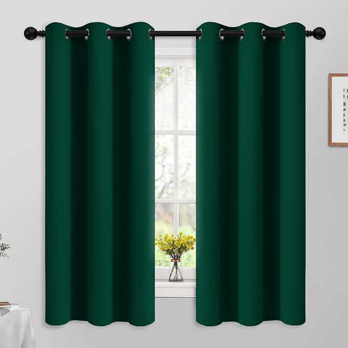 Yakamok Light Blocking Room Darkening Thermal Insulated Blackout Curtains Solid Grommet Top Window Drapes for Bedroom,42W x 63L,Dark Green,2 Panels