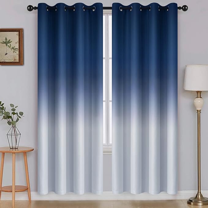 SimpleHome Ombre Room Darkening Curtains for Living Room, Light Blocking Gradient Blue to Grey White Thick Thermal Insulated Grommet Window Curtains/Drapes for Bedroom, 2 Panels, 52x72 inches Length