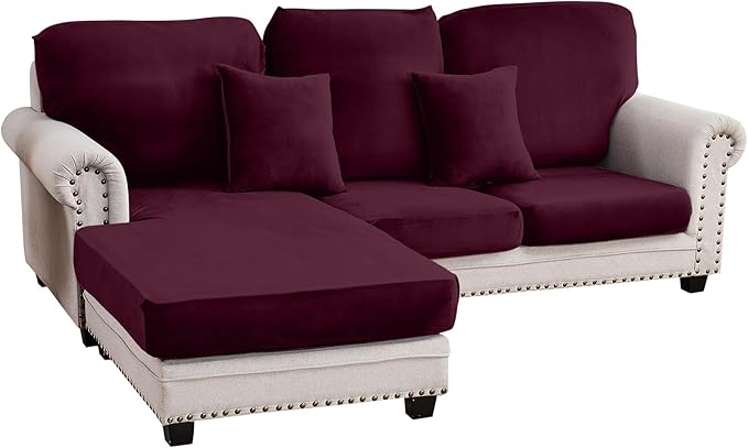 Couch Cover 3-Piece Elastic Velvet Couch Cushion Covers & Chaise Slipcovers for L-Shaped Sofas, Sofa Seat Covers Washable, Soft Cover for Couches (2 Seater + Chaise, Wine)