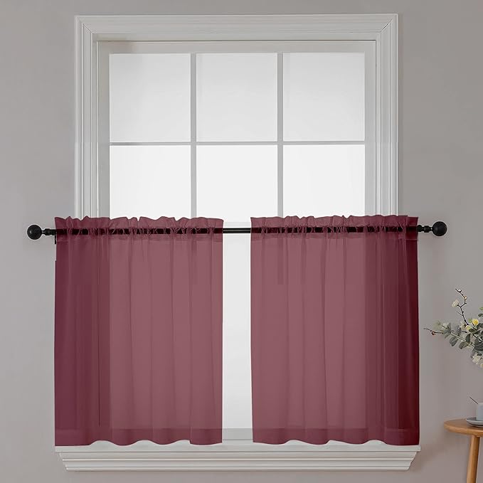 Chyhomenyc Sheer Tier Curtains 24 Inch Length, Small Cute Window Curtains Treatment for Bathroom Living Room Cafe Basement, Short Voile Curtain Tiers 42in x 24in, Rod Pocket, 2 PCS,Burgundy