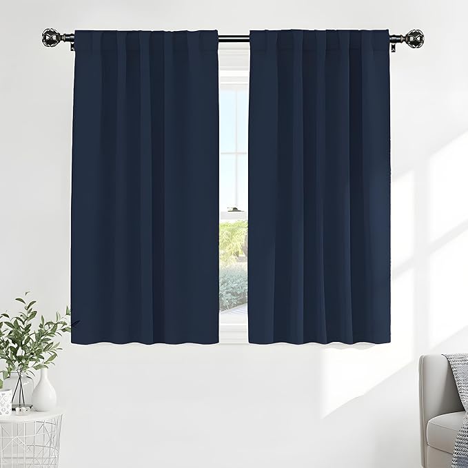 PONY DANCE Blackout Window Curtains - Double Panels Back Tab & Rod Pocket Thermal Insulated Short Drapes for Kitchen Bedroom, 52 Wide x 45 Long Per Panel, Navy Blue, 2 Pieces