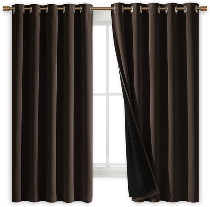 NICETOWN Complete 100% Blackout Curtains, Thermal Insulated & Energy Efficiency Window Draperies with Black Liner, Noise Reducing Short Curtains for Kids Room (Brown, 70-inch W by 63-inch L, 2 Panels)