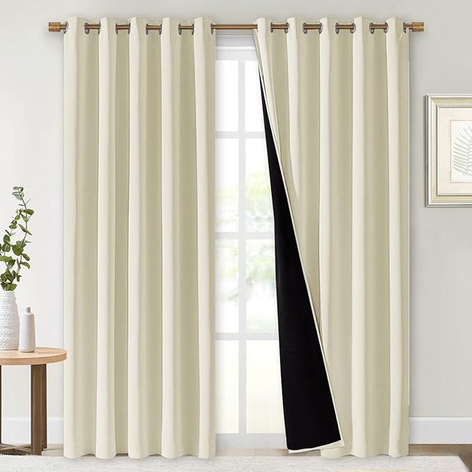 NICETOWN Living Room Completely Shaded Draperies, Privacy Protection & Noise Reducing Ring Top Drapes, Black Lined Insulated Window Treatment Curtain Panels (Beige, 2 Pieces, W70 x L84)