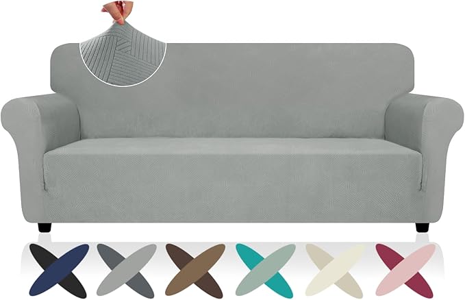 ZNSAYOTX Super Stretch Sofa Cover (72"-92"), New Striped Sofa Covers Fitted Slipcovers with Elastic Bottom, Dog Cat Pets Proof Spandex Washable Fabric Comfortable & Durable (Light Grey, Sofa)