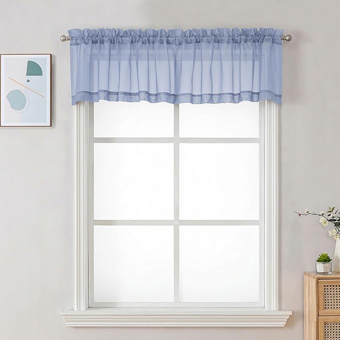 Chyhomenyc Sheer Valances for Windows - Light Filtering Small Window Curtains for Living Room Bathroom Cafe Laundry Basement, Modern Dual Rod Pocket Voile Curtain, 42Wx14L inches, Denim Blue, 2 PCS