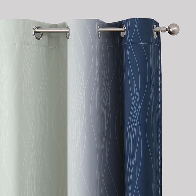 Estelar Textiler Navy Blue and Sage Green Ombre Blackout Curtains for Bedroom, Thermal Insulated Full Room Darkening Grommet Gradient Drapes for Living Room, 42Wx84L, 2 Panels