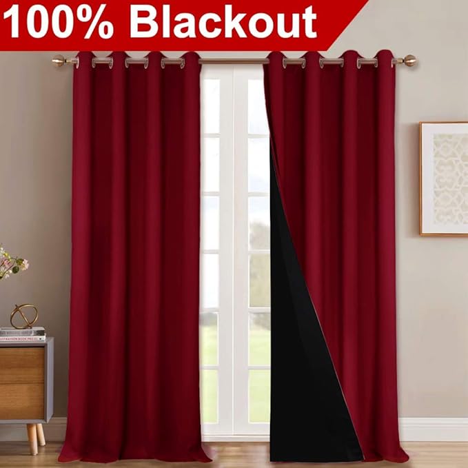 NICETOWN Full Shading Curtains 90 inches Long 2 Panels Set for Windows, Super Heavy-Duty Black Lined Blackout Curtains for Bedroom, Privacy Assured Window Treatment (Burgundy Red, 52 inches W)