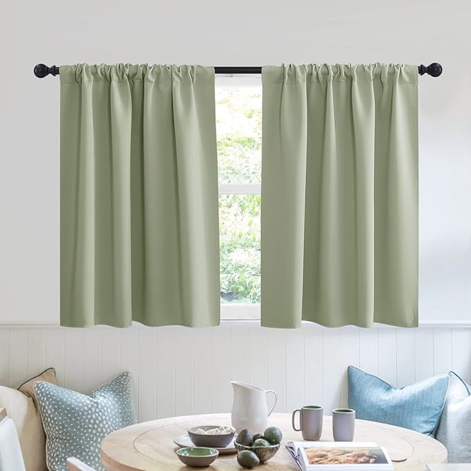 RYB HOME Blackout Privacy Bathroom Window Curtains, Short Thermal Insulated Heat Blocking Privacy Rod Pocket Half Window Curtain Tiers for Nursery Bedroom, Width 42 by Length 30, Sage Green, 2 Panels