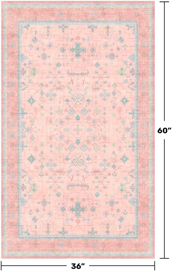 Washable 3x5 Pink Rugs for Girls Bedroom Beside Bed, Nursery Rug, Soft Faux Wool Low Pile Non Slip Stain Resistance Carpet, Pink & Blue