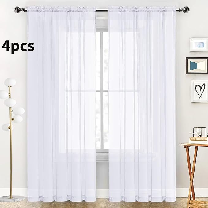 SpaceDresser Optical White Sheer Curtains 4 Panels Rod Pocket Semi-Sheer Curtain 96 Inches Long Light Filtering Voile Window Drapes for Bedroom Living Room Kitchen, Each 52W x 96L