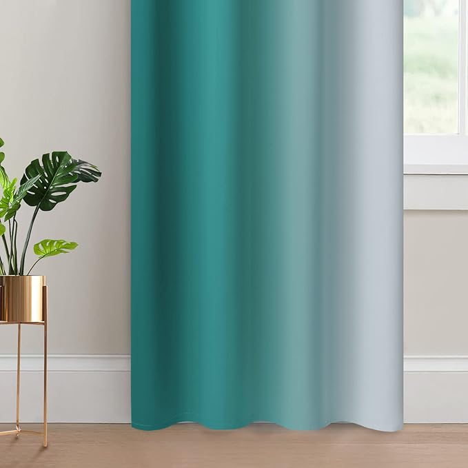 Yakamok 84 Inch Length Teal and Greyish White Light Blocking Gradient Color Ombre Curtains with Grommet, Room Darkening Window Treatment Drapes for Living Room(52x84 Inch, 2 Panels)