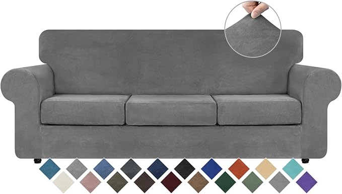 WEERRW 4 Pieces Velvet High Stretch Couch Covers for 3 Cushion Couch Sofa Slipcovers, Washable Furniture Protector with Non Slip Elastic Bottom, Feature Soft and Thick Plush Fabric, Light Grey, Large