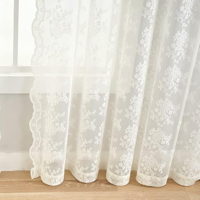 YJ YANJUN Vintage Lace Curtains 92 Inches Long-Victorian Floral Pattern Ivory Sheer Panels Light Filtering Cream Gauze Curtain for Living Room Bedroom Boho Farmhouse Decor 52x92 Cream/Ivory