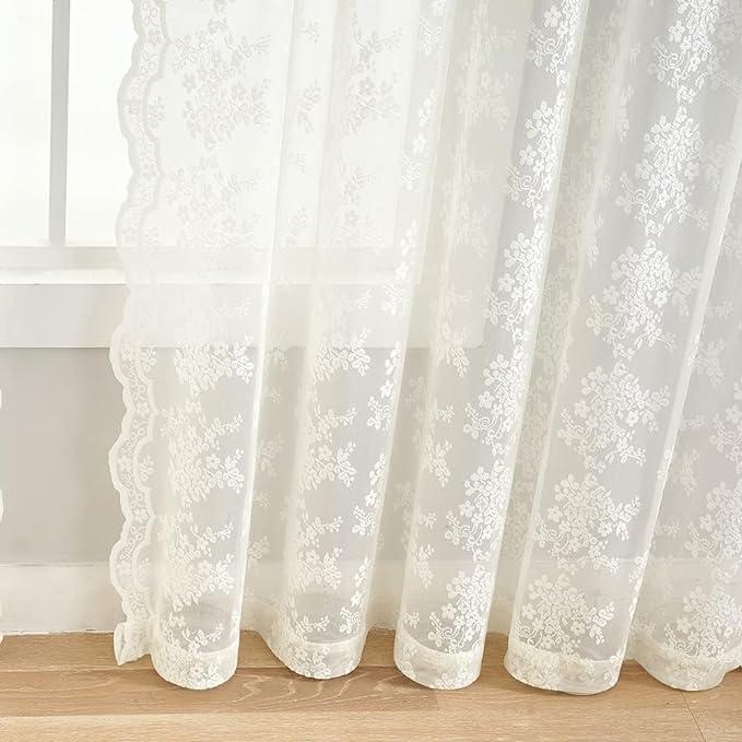 YJ YANJUN Vintage Lace Curtains 45 Inch Length- Victorian Country Floral Short Voile Sheer Kitchen Cafe Curtains Old House Privacy Bathroom Window Drapes 52W x 45L inch Ivory