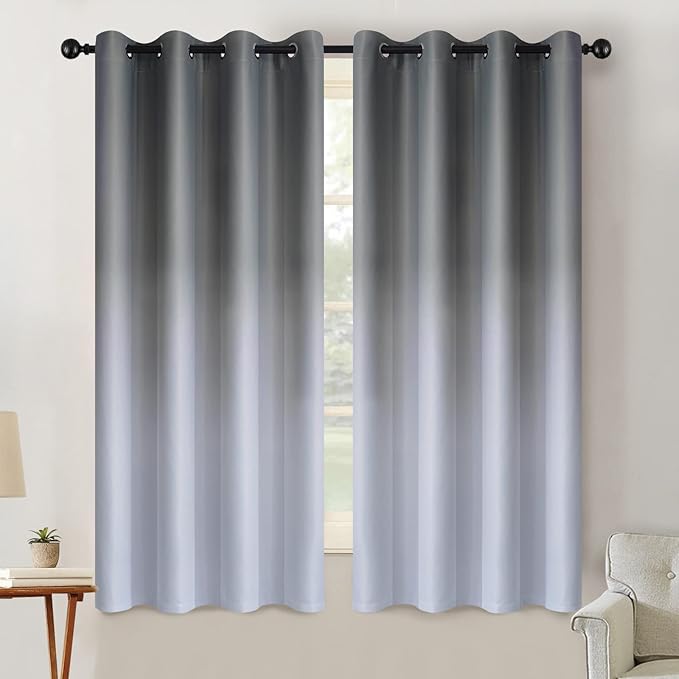 SimpleHome Ombre Room Darkening Curtains 63 inch Long for Bedroom,Gradient Grey White to Gray Light Blocking Thermal Insulated Grommet Curtains Window Drapes for Living Room,2 Panels, 52x63 inches