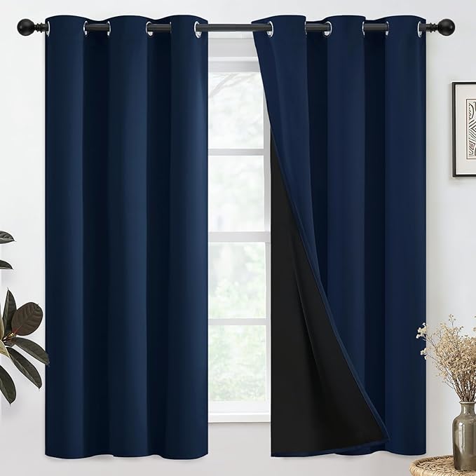 SimpleHome 100% Blackout Curtains for Bedroom,Thermal Insulated Navy Blue Grommet Window Drapes Room Darkening Curtains for Living Room with Black Back,38 x 63 Inch,2 Panels