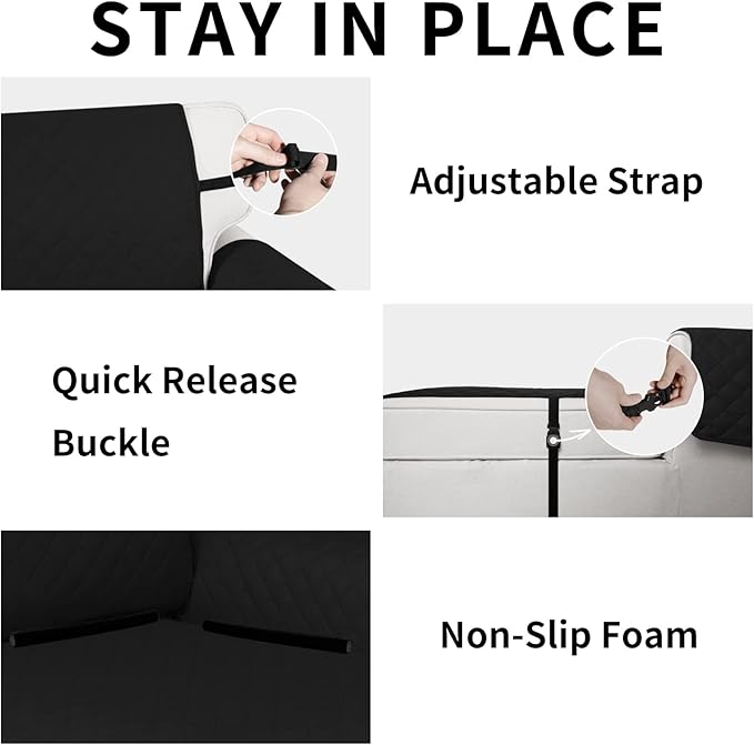 Easy-Going Reversible Chaise Lounge Couch Cover Water Resistant Sofa Cover Sectional L Shaped Sofa Slipcover with Adjustable Straps Furniture Protector for Dogs (115X34 in, Black/Black)