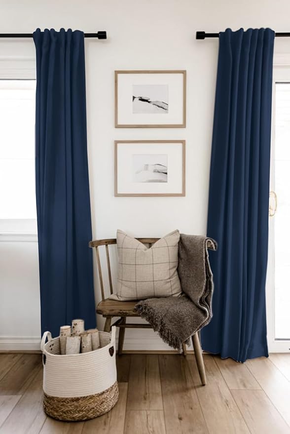 100% Blackout Shield Linen Blackout Curtains for Bedroom 102 Inches Long, Back Tab/Rod Pocket Living Room Drapes, Thermal Insulated Blackout Curtains 2 Panels Set, 50" W x 102" L, Midnight Blue