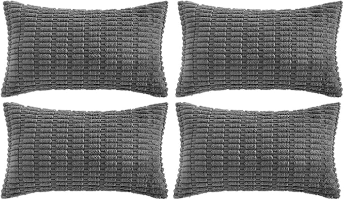 Fancy Homi 4 Packs Dark Grey Decorative Throw Pillow Covers 12x24 Inch for Couch Bed, Rustic Modern Farmhouse Boho Home Decor, Soft Plush Corduroy Gray Cute Square Accent Cushion Case 30x60 cm