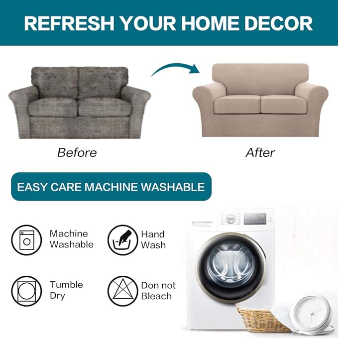 Turquoize 3 Piece Sofa Covers for 2 Cushion Couch Sofa Slipcover Soft Couch Cover for Dogs-Washable Sofa Furniture Covers with 2 Individual Cushion Covers (2 Cushion Sofa, Sand)
