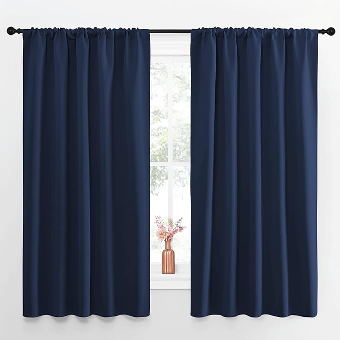 NICETOWN Navy Curtains Blackout Draperies - Modern Design Thermal Insulated Rod Pocket Blackout Drapes for Kid's Bedroom, Window Covering (1 Pair, 52 x 63 inches)