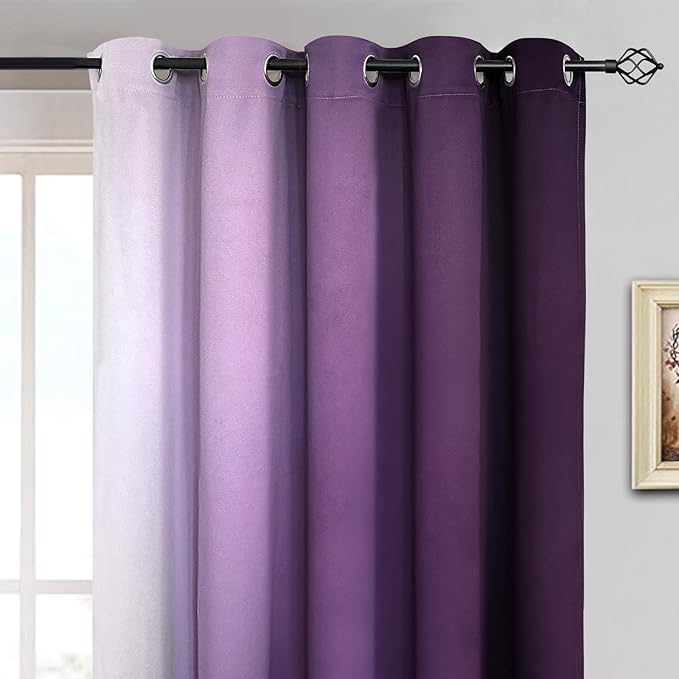 Yakamok Thermal Insulated Ombre Curtains 63 Inch Length 2 Panels, Greyish White and Purple Light Blocking Gradient Color Curtains, Room Darkening Grommet Window Drapes for Bedroom
