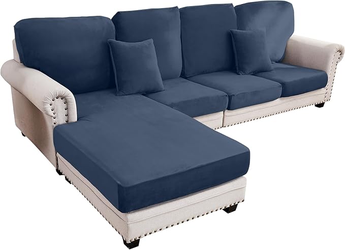 Couch Cover 4-Piece Elastic Velvet Couch Cushion Covers & Chaise Slipcovers for L-Shaped Sofas, Sofa Seat Covers Washable, Soft Cover for Couches (3 Seater + Chaise, Berlin Blue)