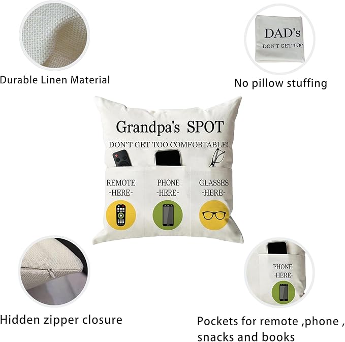 ONFAON Grandpa Gifts,Grandpa's Spot Throw Pillow Covers 18x18 Inch,Put Phone Glasses and Remote Control Pillowcase,Birthday Christmas Thanksgiving Day Gifts for Grandpa Stepdad,3-Pocket