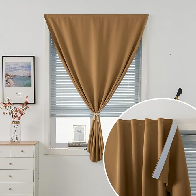 Self Adhesive Curtains, Stick Curtain Blackout Shades Window Cover Curtains for Living Room No Drilling, 47" W X 84" L, Brown, 1 Panel