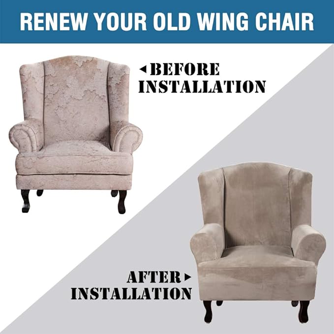 H.VERSAILTEX Wingback Chair Covers Velvet Plush Wing Chair Slipcover 1 Piece High Stretch Wing Back Chair Slipcovers Sofa Cover Furniture Cover with Elastic Bottom, Taupe