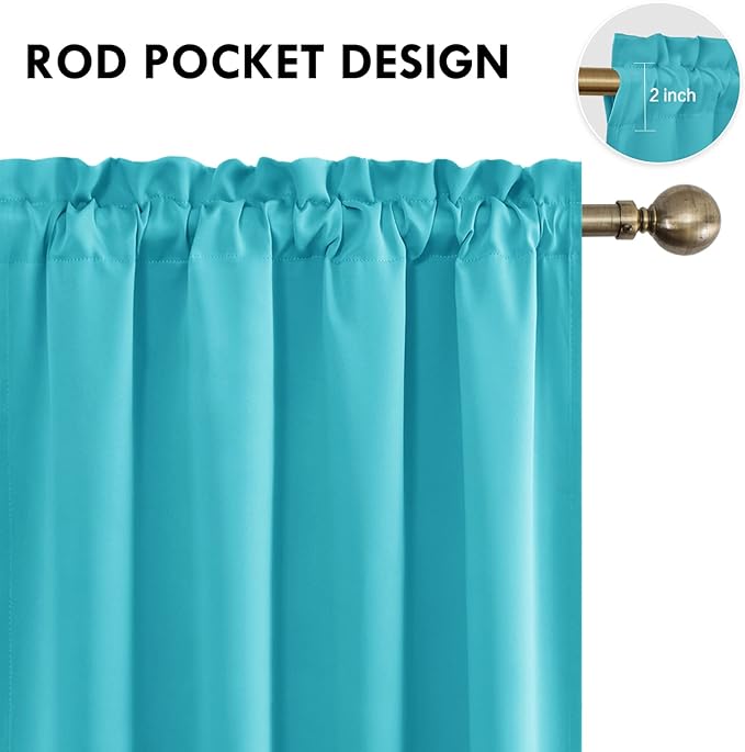 DWCN Blackout Curtains Room Darkening Thermal Insulated Bedroom Curtains Window Curtain Panels, 52 x 63 inches Long, Set of 2 Turquoise Rod Pocket Drapes