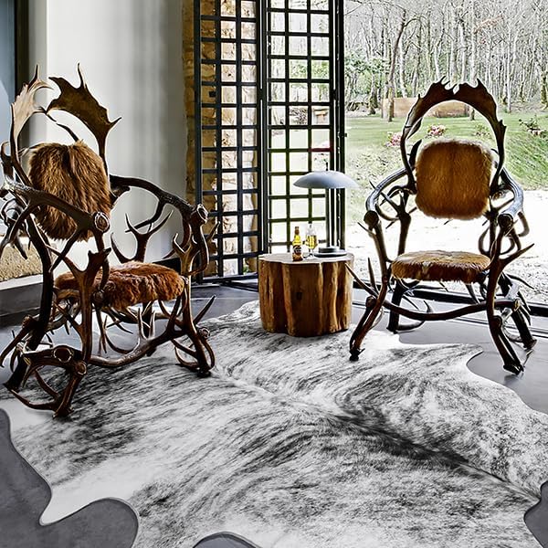 AROGAN Western Decor Faux Fur Cowhide Rug, 4 x 3 Feet Premium Animal Skin Cow Hide Rug, Sturdy Cow Print Rugs for Wall Decor, Western Floor Carpet for Bedroom Living Room, Black and Grey