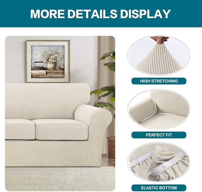 Turquoize 4 Piece Sofa Covers for 3 Cushion Couch Sofa Slipcover Soft Couch Cover for Dogs Washable Furniture Cover with 3 Individual Large Cushion Covers Feature Fabric (Large Sofa, Biscotti Beige)