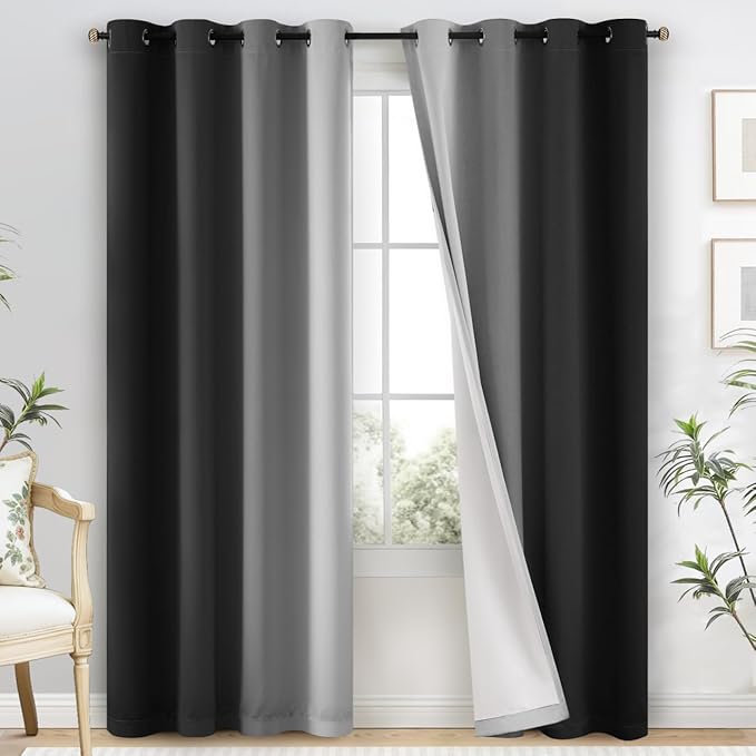 Yakamok 100% Blackout Curtains 84 Inch Length 2 Layers,Black Curtains for Bedroom Ombre Room Darkening Grommet Gradient Drapes, Light Blocking Thermal Insulated Window Curtains for Living Room