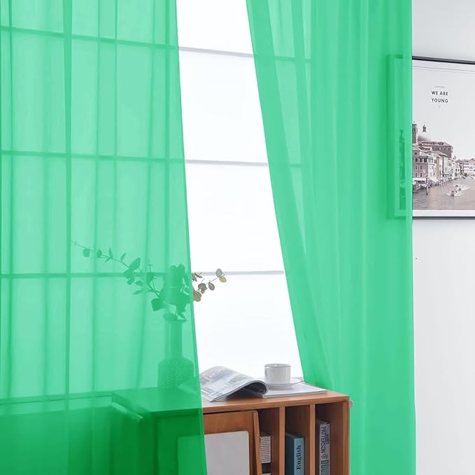 SpaceDresser Basic Rod Pocket Sheer Voile Window Curtain Panels Grass Green 1 Pair 2 Panels 52 Width 108 Inch Long for Kitchen Bedroom Children Living Room Yard（Grass Green, 52W x 108L）