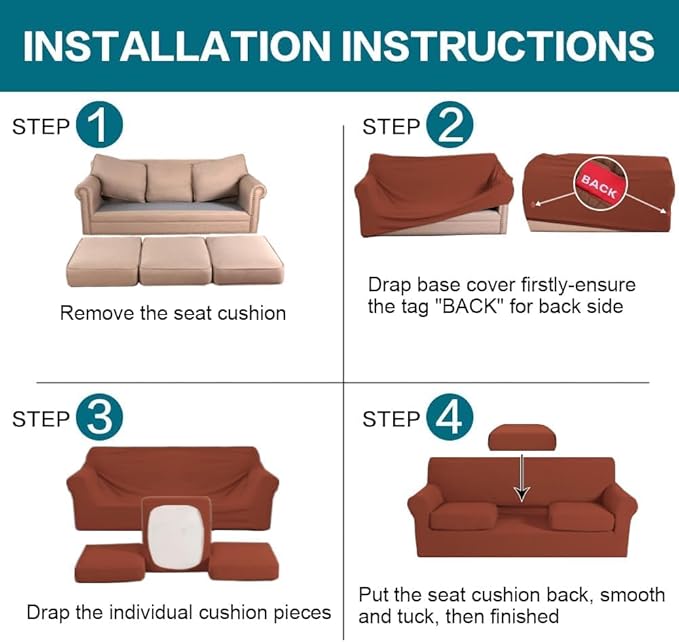 Turquoize 4 Piece Sofa Covers for 3 Cushion Couch Sofa Slipcover Soft Couch Cover for Dogs Washable Furniture Cover with 3 Individual Large Cushion Covers Feature Fabric (Large Sofa, Rust)