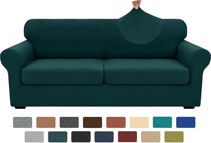 XINEAGE New 3 Pieces Couch Covers for 2 Extra Large Cushion Sofa Super Stretch Sofa Cover for 2 Large Seat Universal Loveseat Slip Cover for Living Room (Blackish Green), 71"-91"(2 Cushions)