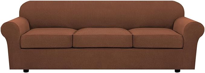 H.VERSAILTEX 4 Piece Stretch Sofa Covers for 3 Cushion Couch Covers for Living Room Furniture Slipcovers (Base Cover Plus 3 Seat Cushion Covers) Thicker Jacquard Fabric (Large Sofa, Caramel)