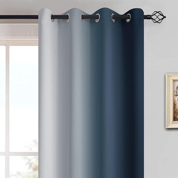 Yakamok Room Darkening Ombre Curtains 90 Inch Length, Navy Blue and Greyish White Thermal Insulated Gradient Color Curtains,Light Blocking Grommet Window Drapes for Bedroom,52 Inch Width,2 Panels