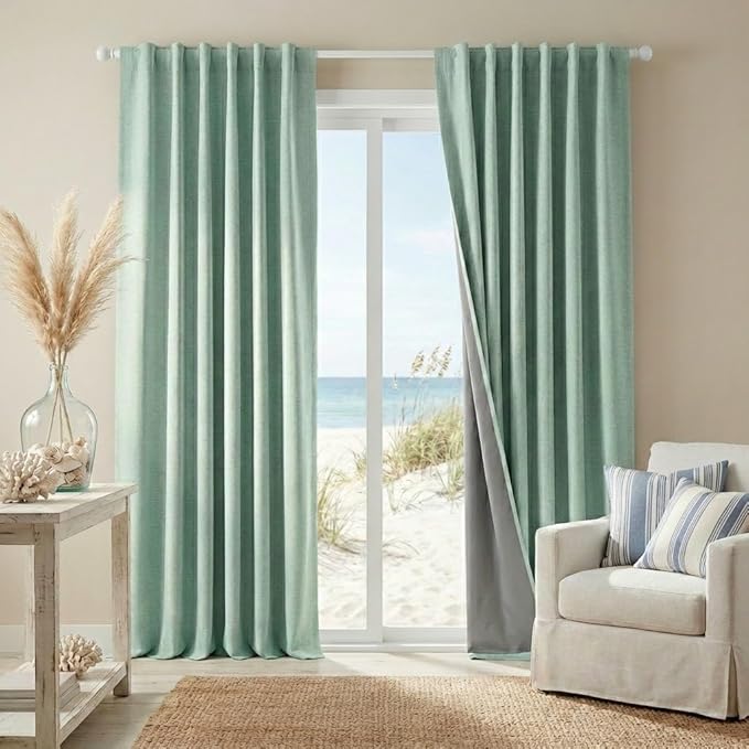 RYB HOME 100% Blackout Linen Textured Curtains 84 inches Long, Thermal Insulating Privacy Energy Saving for Bedroom Living Room Window Office Theater Baby Nursery, W 52 x L 84 in, Aqua, 2 Panels