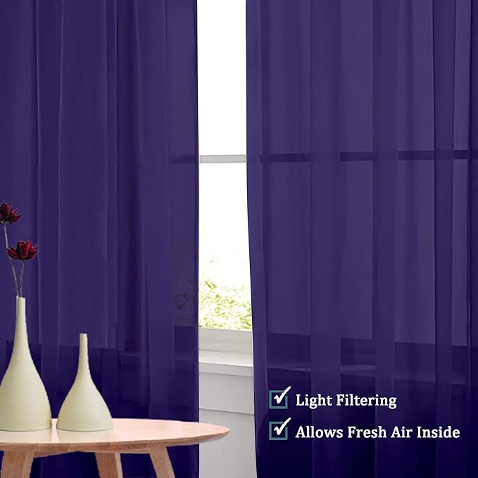 OVZME Purple Sheer Curtains 108 Inches Long, Light Filtering Semi Transparent Lightweight Voile Rod Pocket Window Curtains for Bedroom, Living Room, W42 x L108, Set of 2 Drape Panels