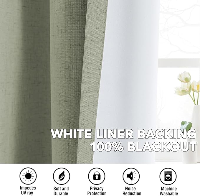 H.VERSAILTEX Linen Curtains 100% Blackout Curtains for Bedroom 96 inch Long Full Light Blocking Nature Linen Blended Window Curtains for Living Room Nickel Grommet (2 Panels, Heathered Tea)